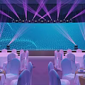 Elegant Banquet Hall With Stage Purple Lights Blue Background And Arranged Tables Chairs