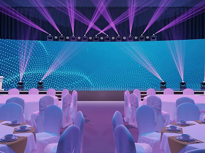 Elegant Banquet Hall With Stage Purple Lights Blue Background And Arranged Tables Chairs 3d model