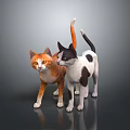 Two Cats Orange White and Black White Standing Together On Gray Background With Reflective Surface