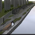 Riverside Commercial Street With Modern Buildings Pedestrian Walkway And Street Lamps At Sunset