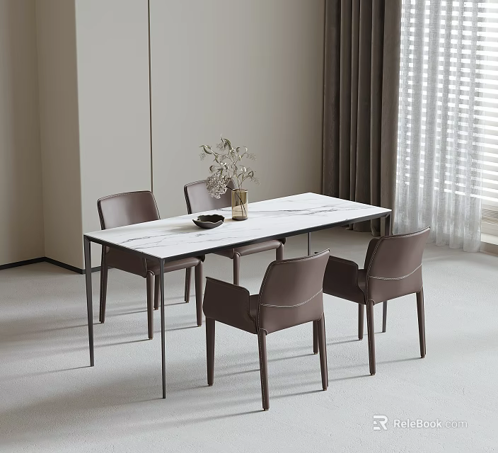 Modern Dining Table Set With White Marble Top And Four Brown Chairs And Decorative Vase 3d model 