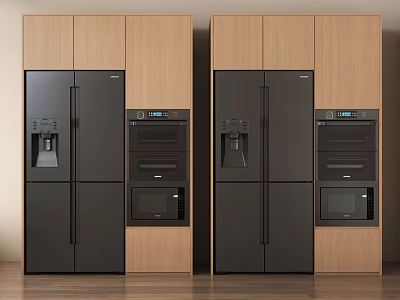 Modern Kitchen With Built In Black Refrigerator Freezer And Wooden Cabinets Appliances 3d model
