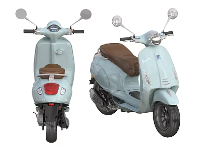 Light Blue Scooter With Brown Seat And Chrome Mirrors From Front And Rear Views 3d model