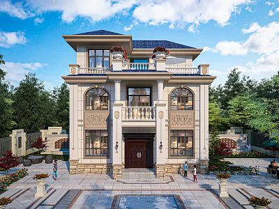 Elegant Classical Detached Villa With Front Balcony Decorative Columns And Lush Garden Trees 3d model