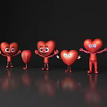 Five Red Heart Shaped Game Movie Characters With Smiling Faces Standing Poses Black Background Reflections