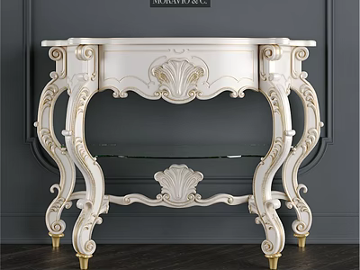 Elegant White European Style Dining Table With Gold Accents Curved Legs And Carved Details 3d model