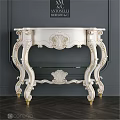 Elegant White European Style Dining Table With Gold Accents Curved Legs And Carved Details