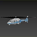 Blue and White Police Helicopter with Rotating Rotor Blades and Police Insignia