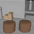 Brown Woven Leather Ottoman Poufs In Minimalist Interior With Stacked Books