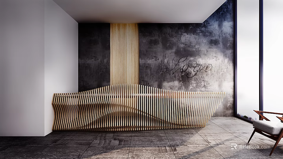 Modern Reception Desk With Wavy Wooden Slat Design And Textured Dark Wall 3d model 