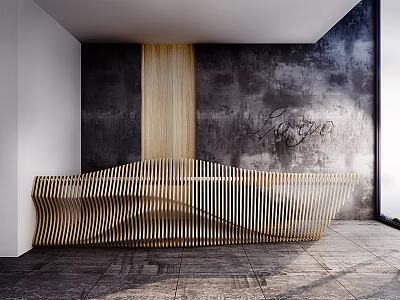 Modern Reception Desk With Wavy Wooden Slat Design And Textured Dark Wall 3d model