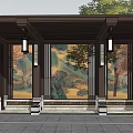 Traditional Chinese Wooden Pergola with Hanging Lanterns and Landscape Paintings