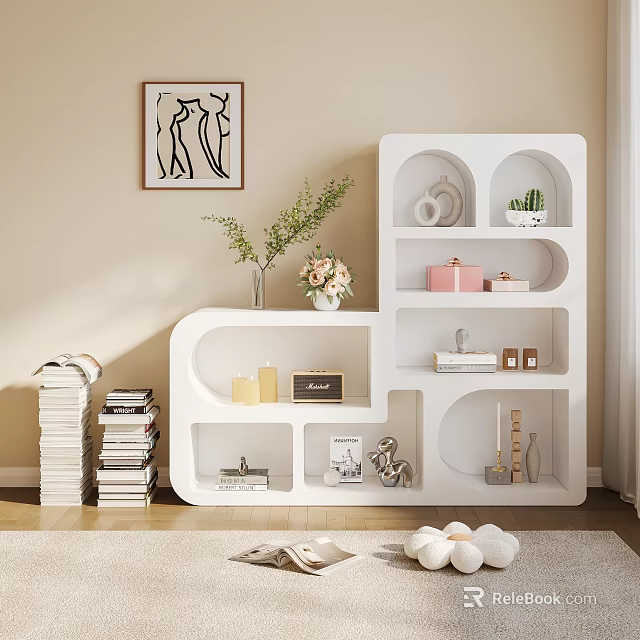 Unique White Display Shelf with Books Decorative Items Green Plants and Abstract Painting 3d model 