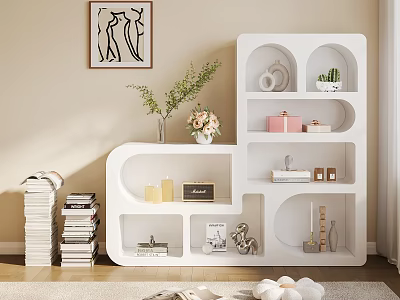 Unique White Display Shelf with Books Decorative Items Green Plants and Abstract Painting 3d model