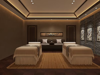 Luxury SPA Sauna Room Featuring Massage Beds Decorative Paintings Wooden Floors And Bamboo Mat 3d model