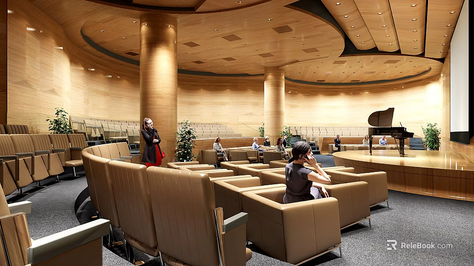 Modern Conference Room Interior With Brown Seats Wooden Ceiling And People Inside 3d model 