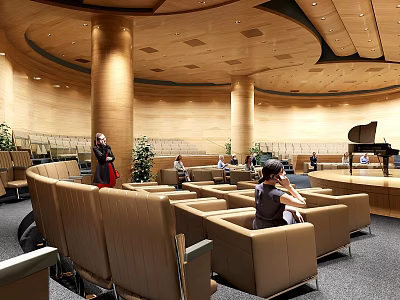 Modern Conference Room Interior With Brown Seats Wooden Ceiling And People Inside 3d model
