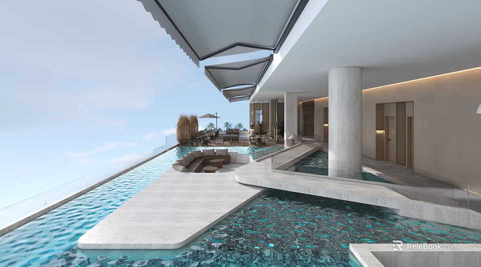 Outdoor Hotel Public Lounge Area With Swimming Pool And Modern Relaxing Seating 3d model 
