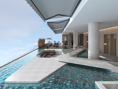 Outdoor Hotel Public Lounge Area With Swimming Pool And Modern Relaxing Seating 3d model