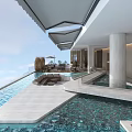 Outdoor Hotel Public Lounge Area With Swimming Pool And Modern Relaxing Seating