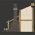 Small Traditional House With Red Tiled Roof Yellow Awning Brick Chimney Wooden Frame And Barrels