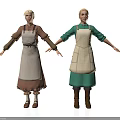 Two Women In Different Colored Tops With Beige Aprons Standing Pose
