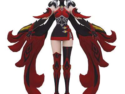 Game Fantasy Character In Red And Black Ornate Outfit With Flowing Ribbons And Decorative Long Boots 3d model