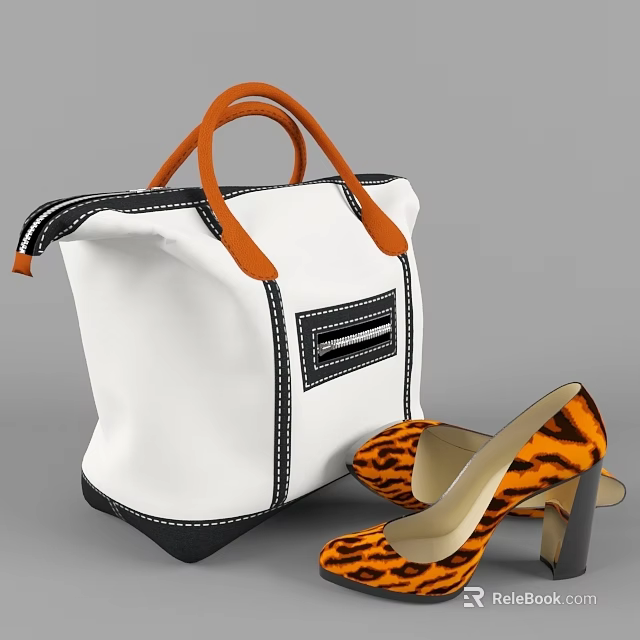 White Fashion Bag With Orange Handles Black Trim And Tiger Print High Heels 3d model 