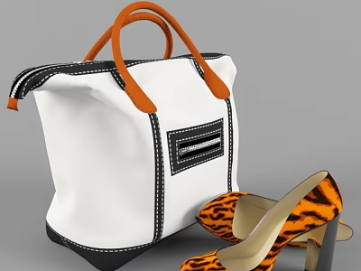White Fashion Bag With Orange Handles Black Trim And Tiger Print High Heels 3d model