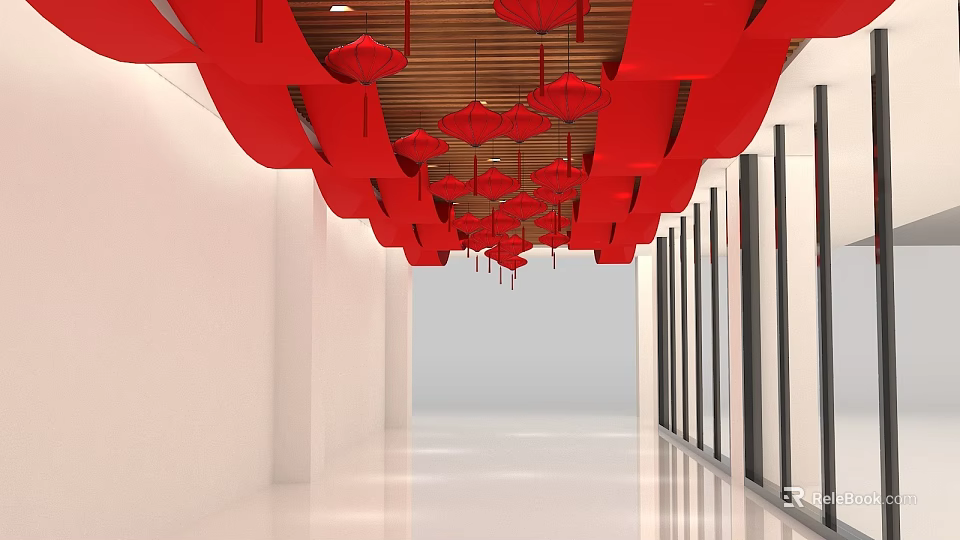 Modern Corridor Interior With Red Decorative Lanterns White Walls And Wooden Ceiling 3d model 