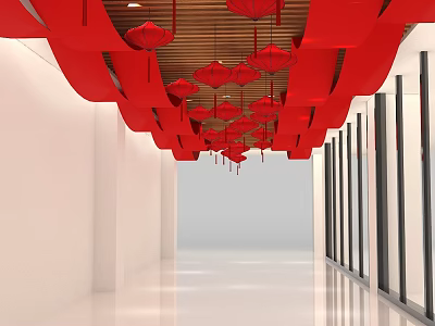 Modern Corridor Interior With Red Decorative Lanterns White Walls And Wooden Ceiling 3d model