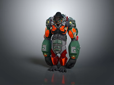 Mechanical Gorilla Game Movie Character Design With Green Orange Gray Red Armor And Tech 3d model
