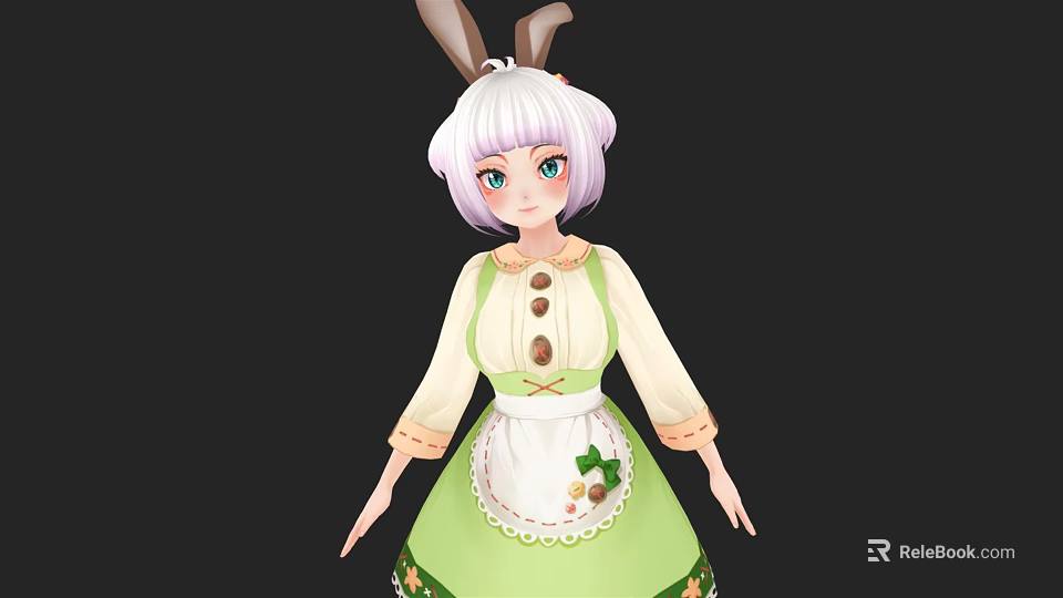 Anime Girl Character With Rabbit Ears White Hair Blue Eyes Green Apron Outfit 3d model 