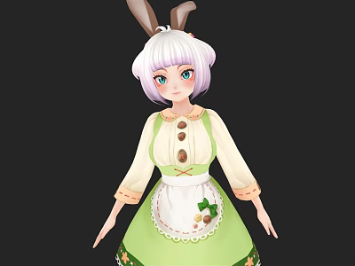 Anime Girl Character With Rabbit Ears White Hair Blue Eyes Green Apron Outfit 3d model