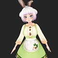 Anime Girl Character With Rabbit Ears White Hair Blue Eyes Green Apron Outfit