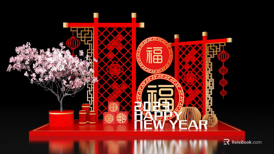 Chinese New Year Decorations With Red Lanterns Plum Blossom Tree And Fu Characters 3d model 