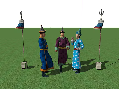 Three People in Traditional Attire Standing on Green Grass with Decorative Lantern Poles 3d model