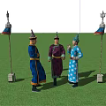 Three People in Traditional Attire Standing on Green Grass with Decorative Lantern Poles