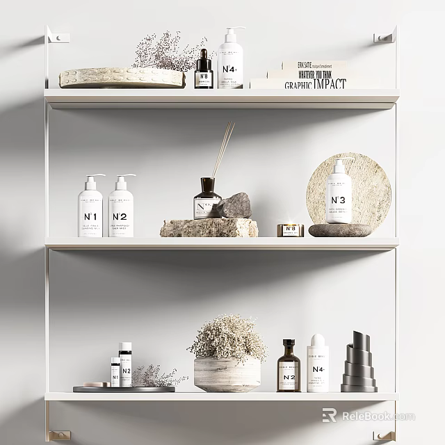 Minimalist Natural Bathroom Accessories on Shelves with Bottles Plates and Diffusers 3d model 
