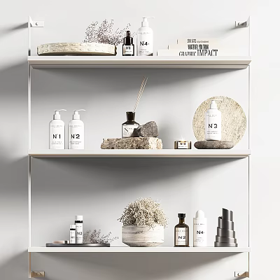 Minimalist Natural Bathroom Accessories on Shelves with Bottles Plates and Diffusers 3d model