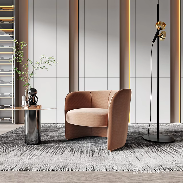 Curved Beige Single Sofa With Black Floor Lamp And Metal Side Table In Modern Living Space 3d model 