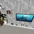 Stone Tile TV Background Wall Featuring Mounted TV White Vase and Decorative Shelf