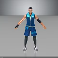 3D Character In Blue Vest And Shorts With Black Wristbands Standing On Gray Background