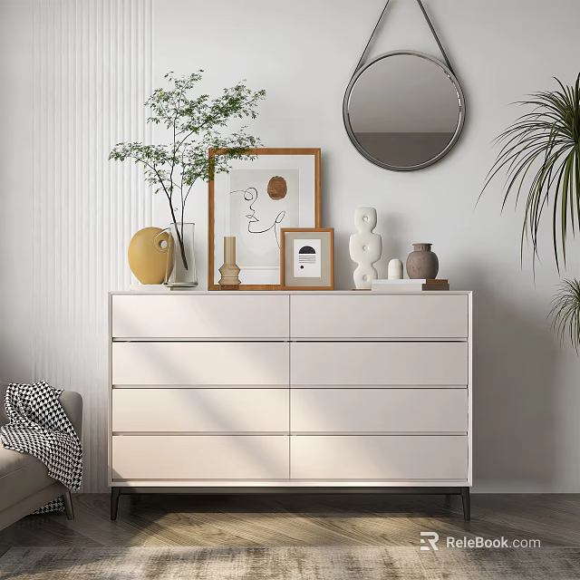 White Dresser Topped With Vase Photo Frame Sculpture Mirror And Green Plants In Light Room 3d model 