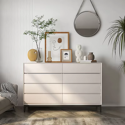 White Dresser Topped With Vase Photo Frame Sculpture Mirror And Green Plants In Light Room 3d model