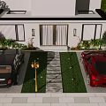 Modern Detached Villa Exterior With Driveway Lawn Parked Cars Garden Lights And Greenery
