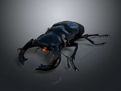 Shiny Black Beetle With Large Glowing Pincers On Dark Background Surface 3d model