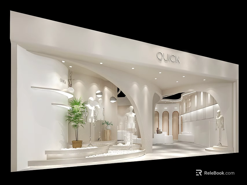Modern White Clothing Store Interior With Arched Design Mannequins And Green Plant 3d model 