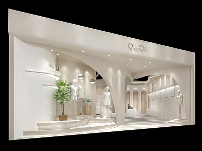 Modern White Clothing Store Interior With Arched Design Mannequins And Green Plant 3d model
