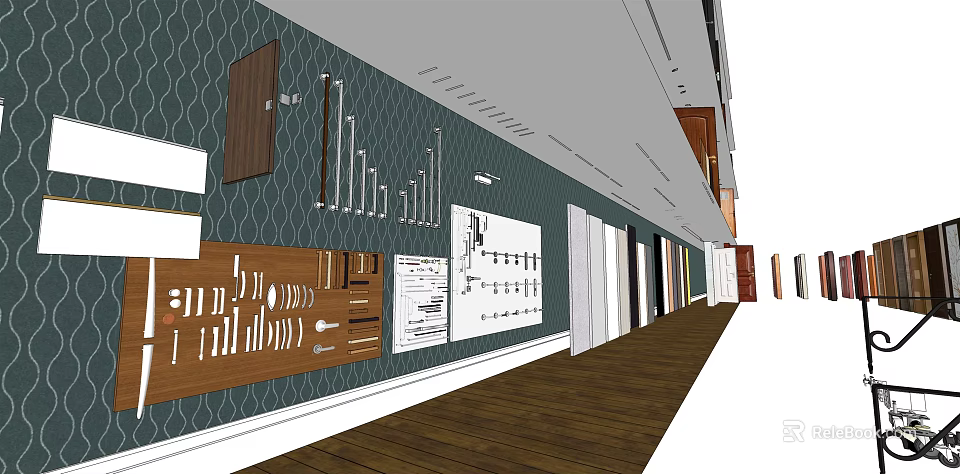 Swing Door Showroom with Dark Green Geometric Wall and Hardware Samples on Wooden Floor 3d model 
